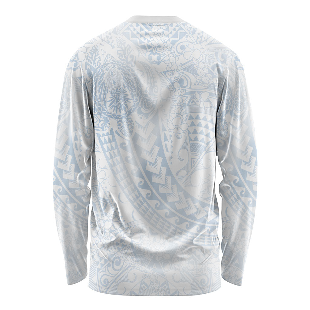 Hawaiian Turtles and Leis Long Sleeve Shirt Tribal Kakau Pattern Airy White Blue Cloud Vibe LT03 - Polynesian Pride