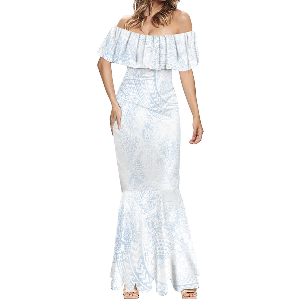 Hawaiian Turtles and Leis Mermaid Dress Tribal Kakau Pattern Airy White Blue Cloud Vibe LT03 - Polynesian Pride