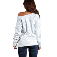Hawaiian Turtles and Leis Off Shoulder Sweater Tribal Kakau Pattern Airy White Blue Cloud Vibe LT03 - Polynesian Pride