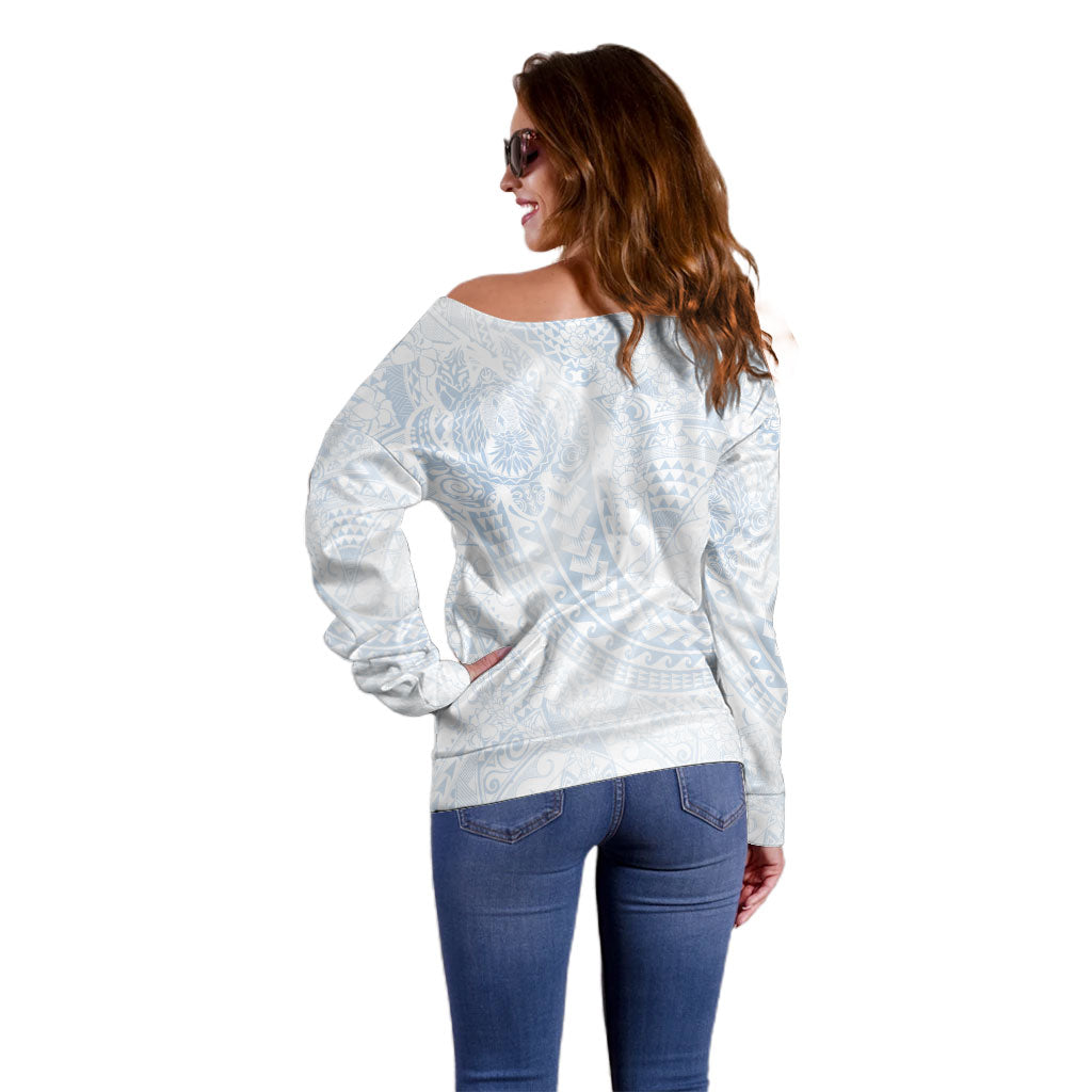 Hawaiian Turtles and Leis Off Shoulder Sweater Tribal Kakau Pattern Airy White Blue Cloud Vibe LT03 - Polynesian Pride