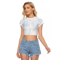 Hawaiian Turtles and Leis Raglan Cropped T Shirt Tribal Kakau Pattern Airy White Blue Cloud Vibe LT03 Female White - Polynesian Pride