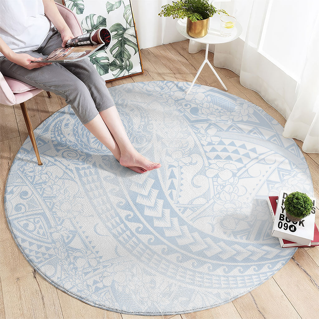 Hawaiian Turtles and Leis Round Carpet Tribal Kakau Pattern Airy White Blue Cloud Vibe LT03 - Polynesian Pride