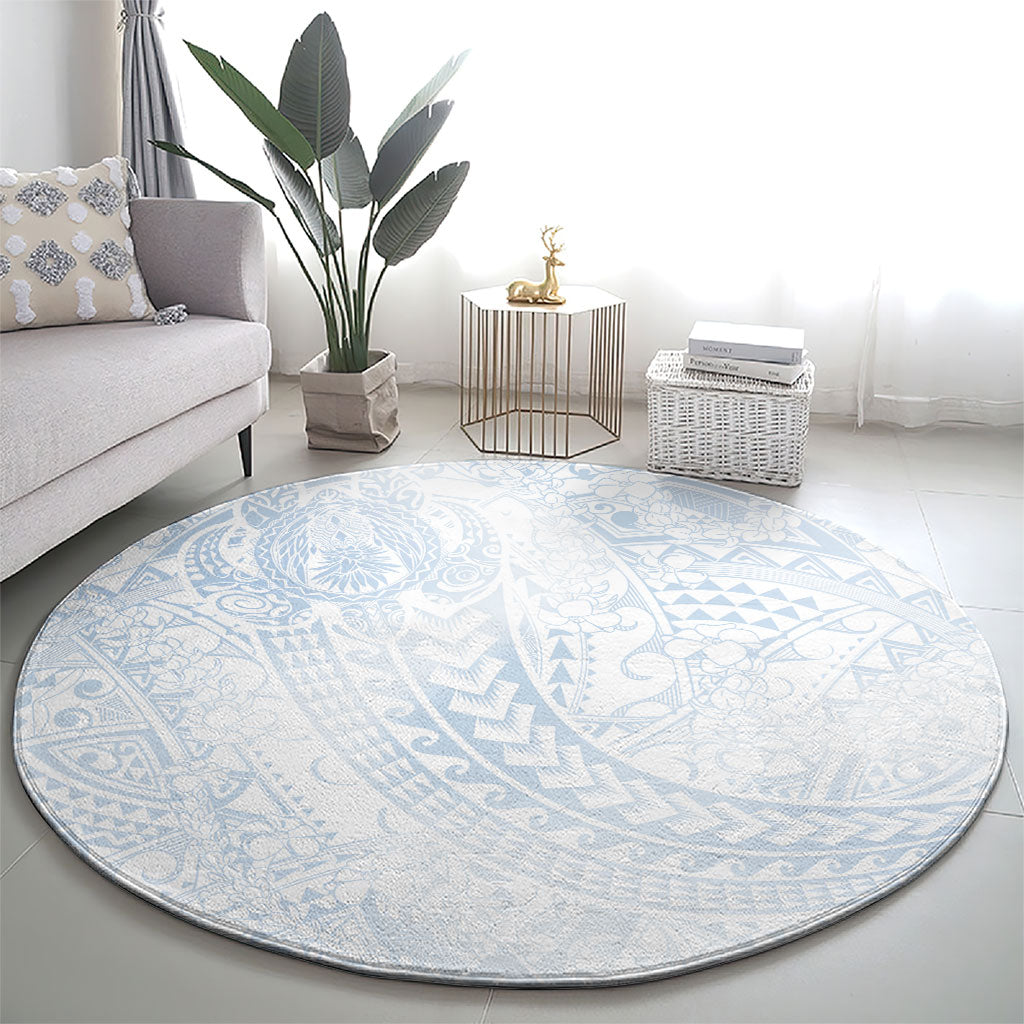 Hawaiian Turtles and Leis Round Carpet Tribal Kakau Pattern Airy White Blue Cloud Vibe LT03 - Polynesian Pride