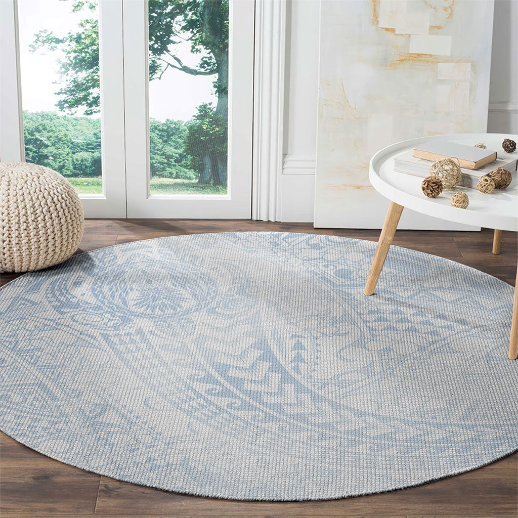 Hawaiian Turtles and Leis Round Carpet Tribal Kakau Pattern Airy White Blue Cloud Vibe LT03 - Polynesian Pride