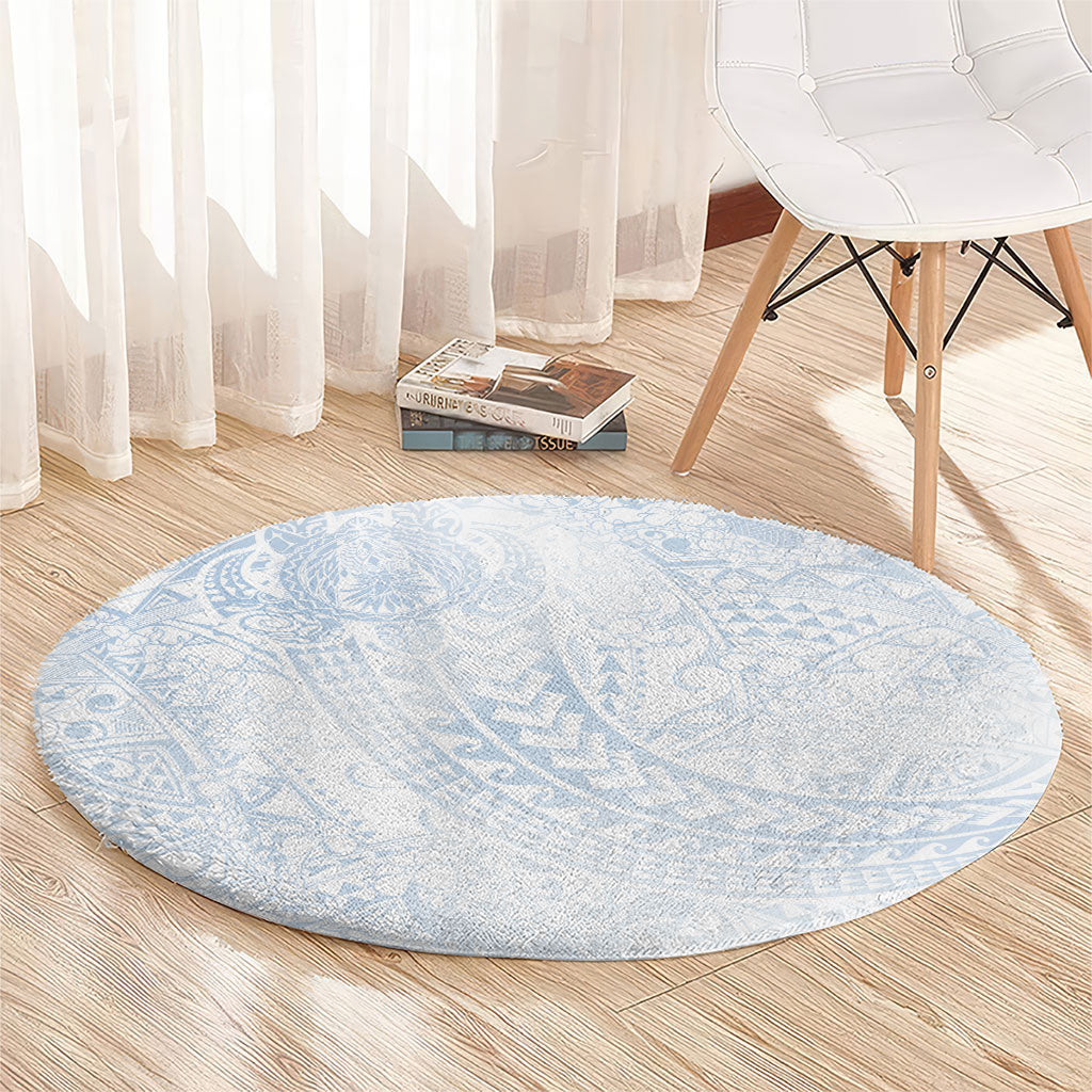 Hawaiian Turtles and Leis Round Carpet Tribal Kakau Pattern Airy White Blue Cloud Vibe LT03 - Polynesian Pride