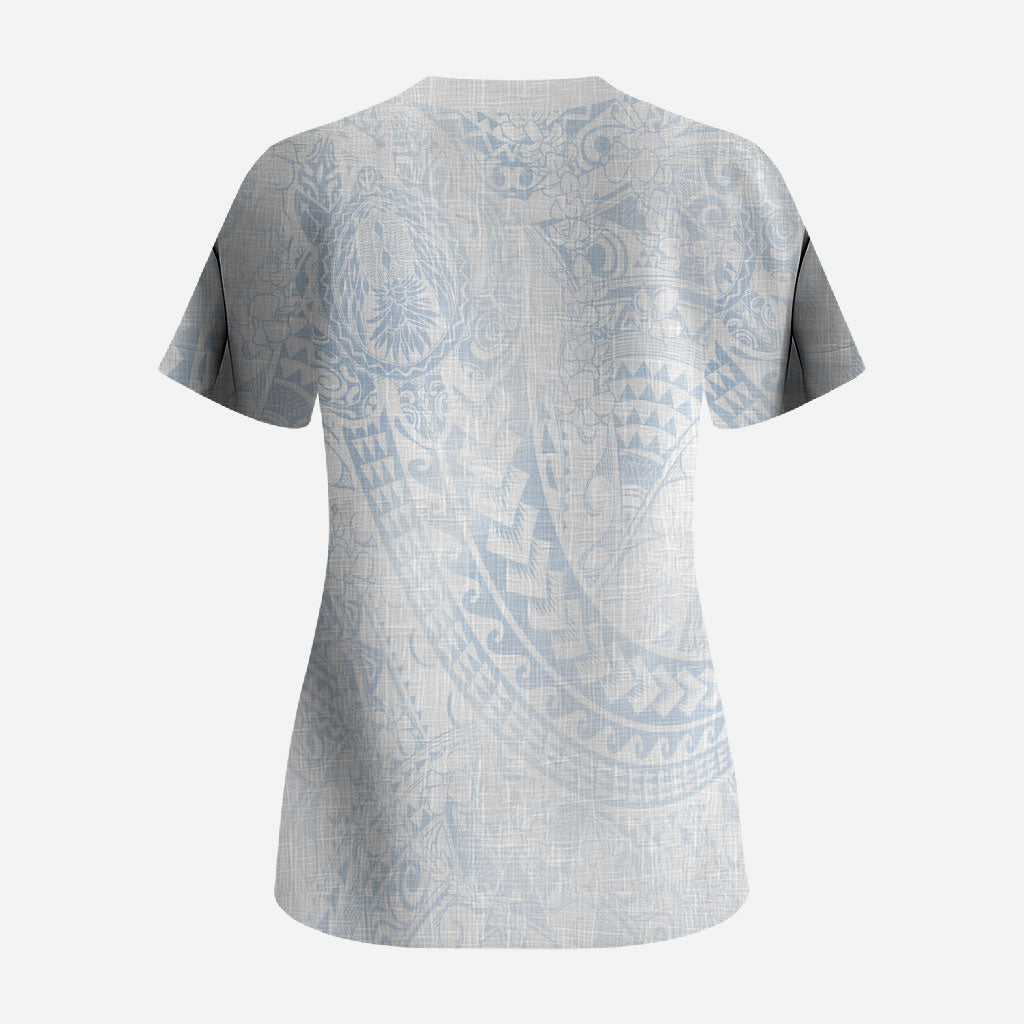 Hawaiian Turtles and Leis Scrub Top Tribal Kakau Pattern Airy White Blue Cloud Vibe LT03 - Polynesian Pride