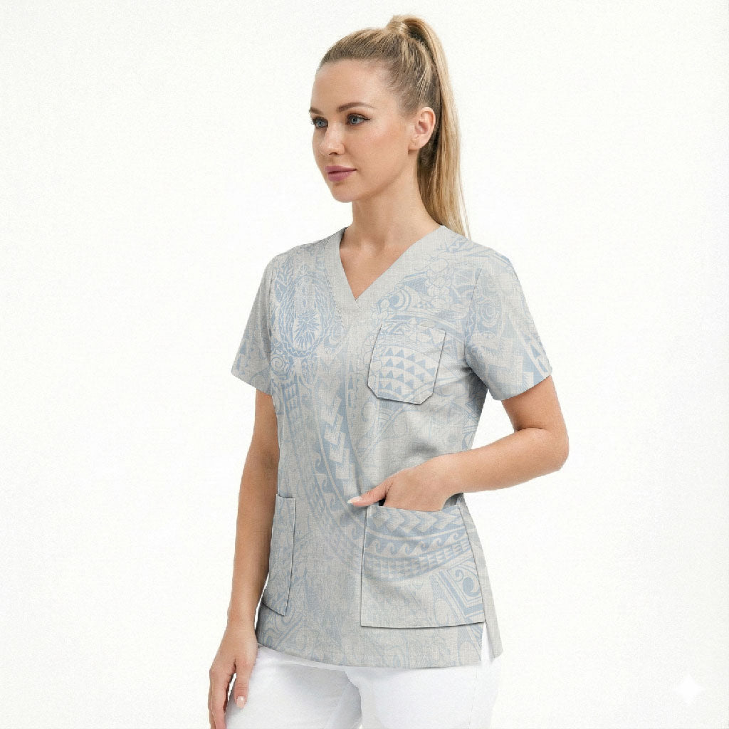 Hawaiian Turtles and Leis Scrub Top Tribal Kakau Pattern Airy White Blue Cloud Vibe LT03 - Polynesian Pride