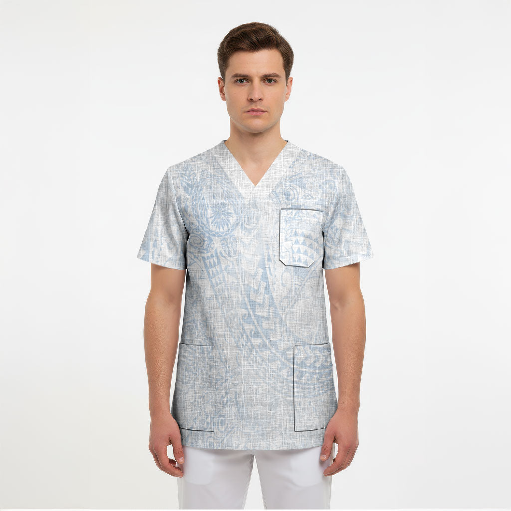 Hawaiian Turtles and Leis Scrub Top Tribal Kakau Pattern Airy White Blue Cloud Vibe LT03 - Polynesian Pride