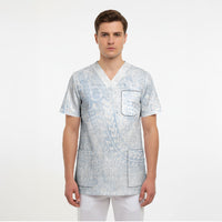 Hawaiian Turtles and Leis Scrub Top Tribal Kakau Pattern Airy White Blue Cloud Vibe LT03 - Polynesian Pride