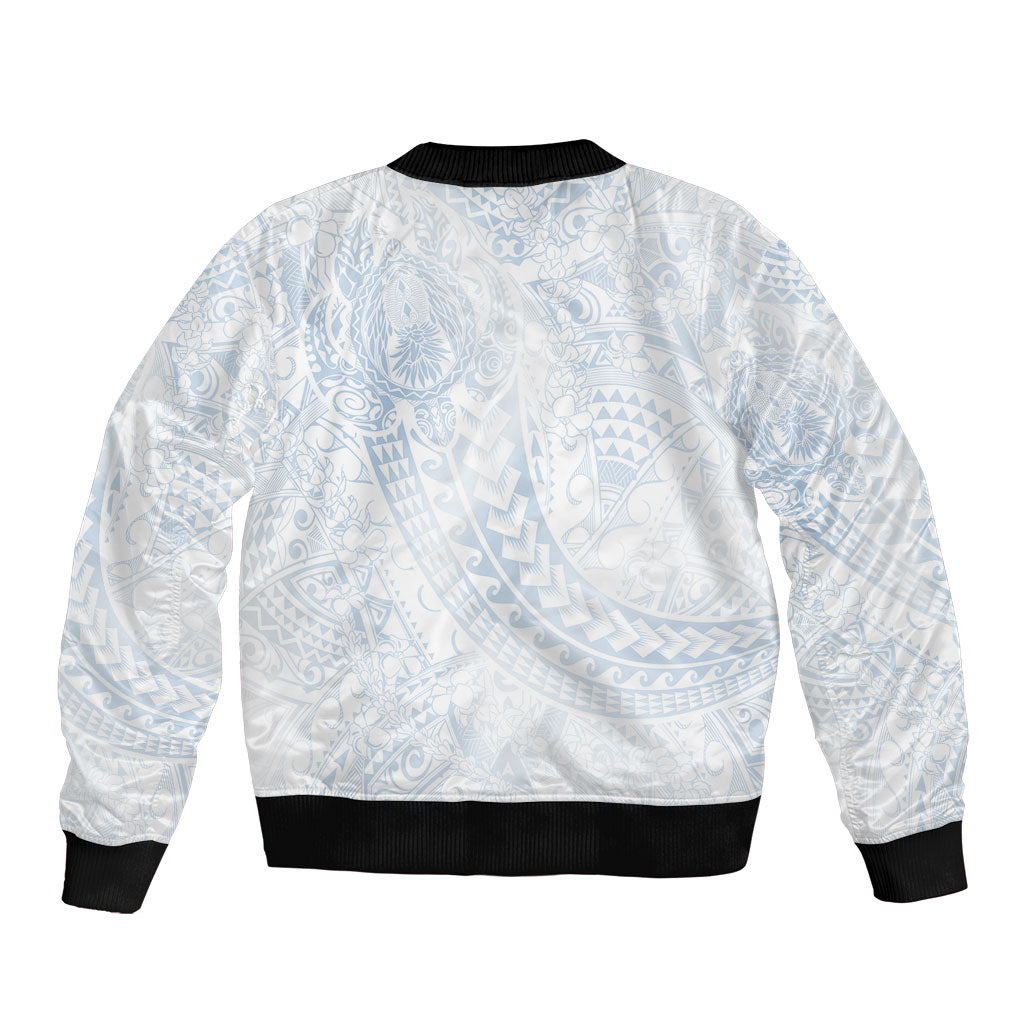 Hawaiian Turtles and Leis Sleeve Zip Bomber Jacket Tribal Kakau Pattern Airy White Blue Cloud Vibe LT03 - Polynesian Pride