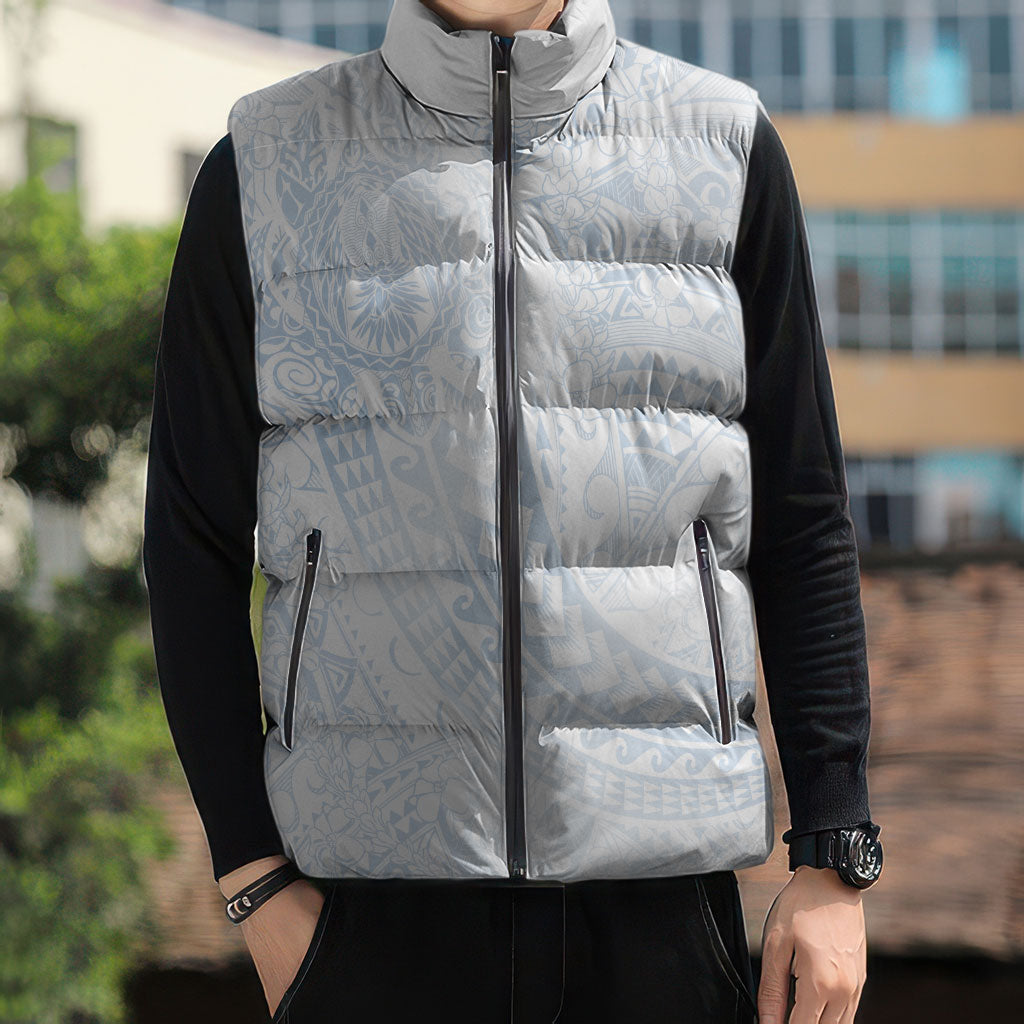 Hawaiian Turtles and Leis Sleeveless Puffer Jacket Tribal Kakau Pattern Airy White Blue Cloud Vibe LT03 - Polynesian Pride