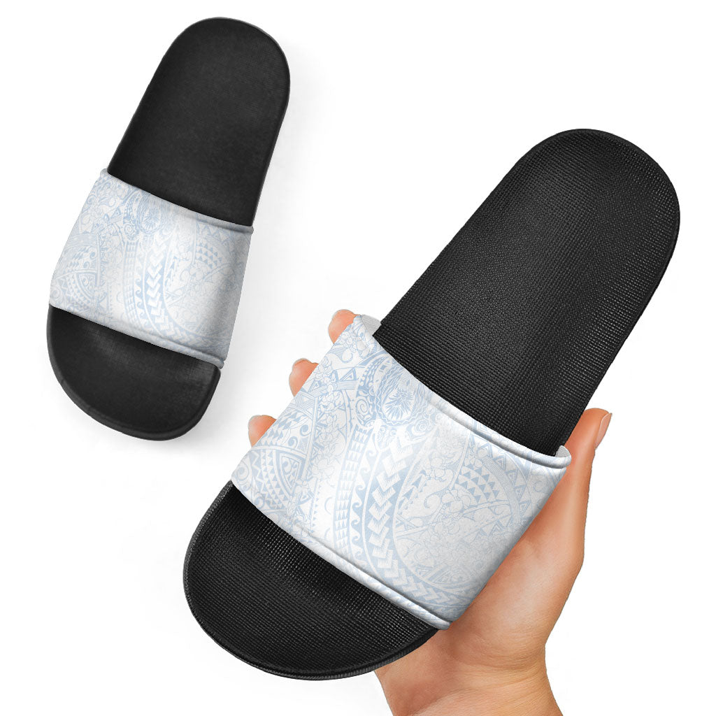 Hawaiian Turtles and Leis Slide Sandals Tribal Kakau Pattern Airy White Blue Cloud Vibe LT03 - Polynesian Pride