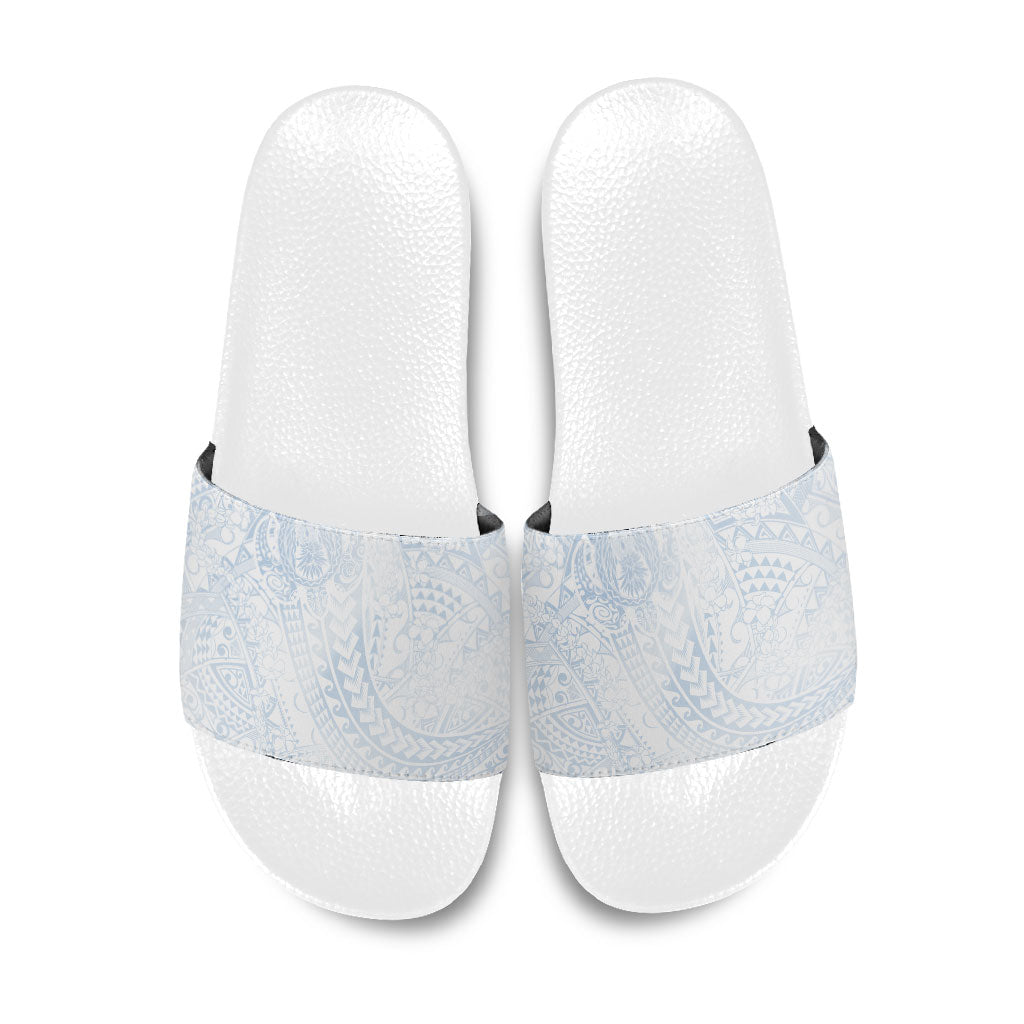 Hawaiian Turtles and Leis Slide Sandals Tribal Kakau Pattern Airy White Blue Cloud Vibe LT03 White - Polynesian Pride