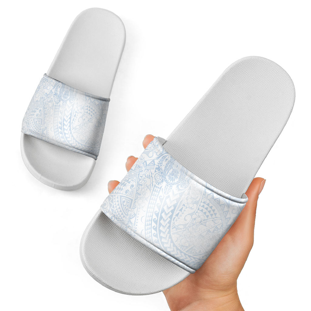 Hawaiian Turtles and Leis Slide Sandals Tribal Kakau Pattern Airy White Blue Cloud Vibe LT03 - Polynesian Pride