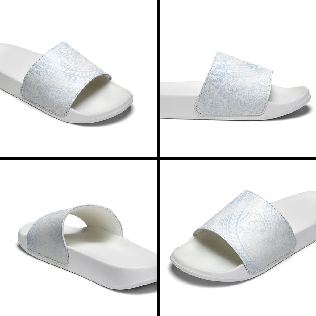 Hawaiian Turtles and Leis Slide Sandals Tribal Kakau Pattern Airy White Blue Cloud Vibe LT03 - Polynesian Pride