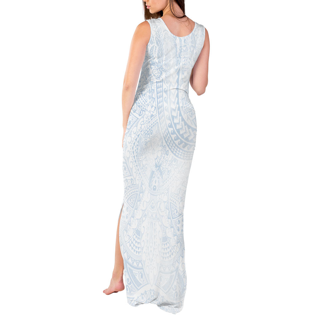 Hawaiian Turtles and Leis Tank Maxi Dress Tribal Kakau Pattern Airy White Blue Cloud Vibe LT03 - Polynesian Pride