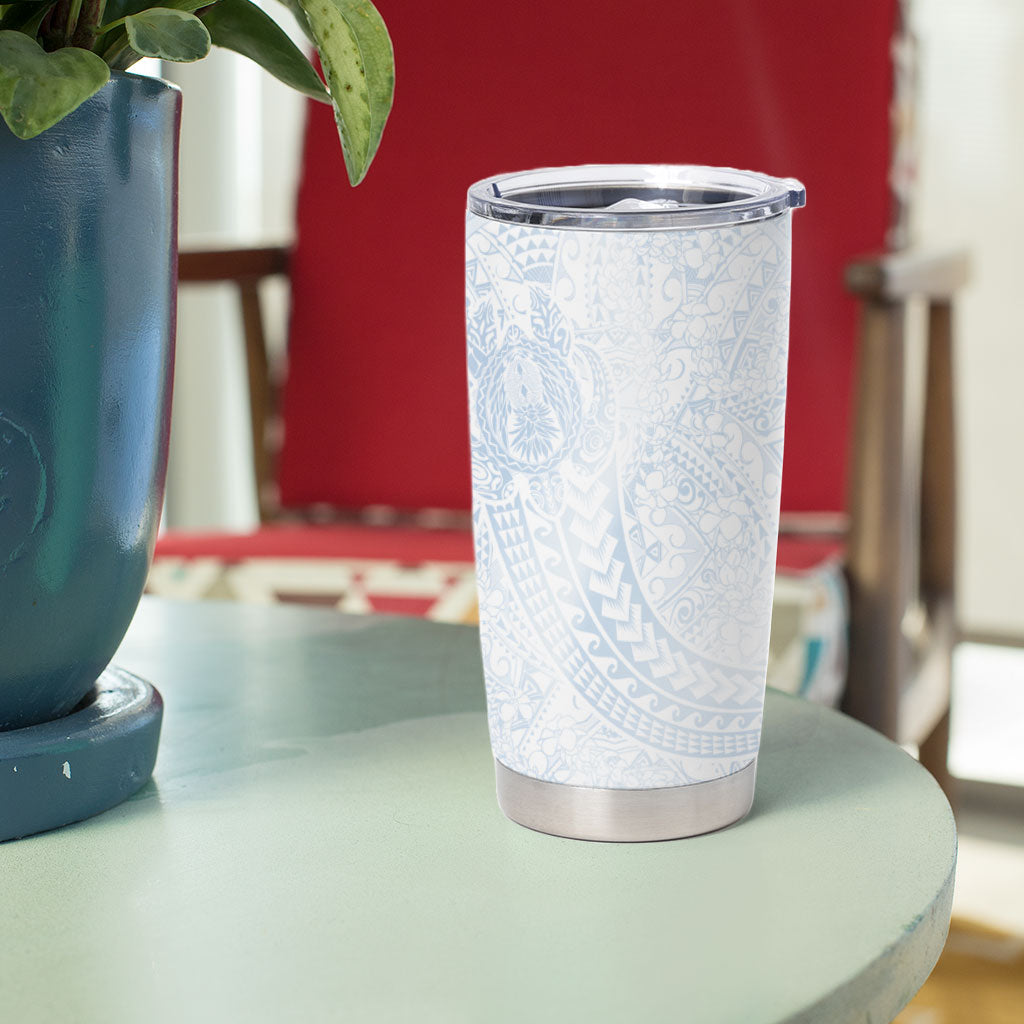 Hawaiian Turtles and Leis Tumbler Cup Tribal Kakau Pattern Airy White Blue Cloud Vibe LT03 - Polynesian Pride