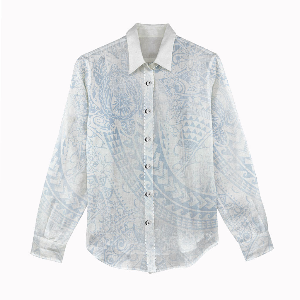 Hawaiian Turtles and Leis Women Casual Shirt Tribal Kakau Pattern Airy White Blue Cloud Vibe LT03 - Polynesian Pride