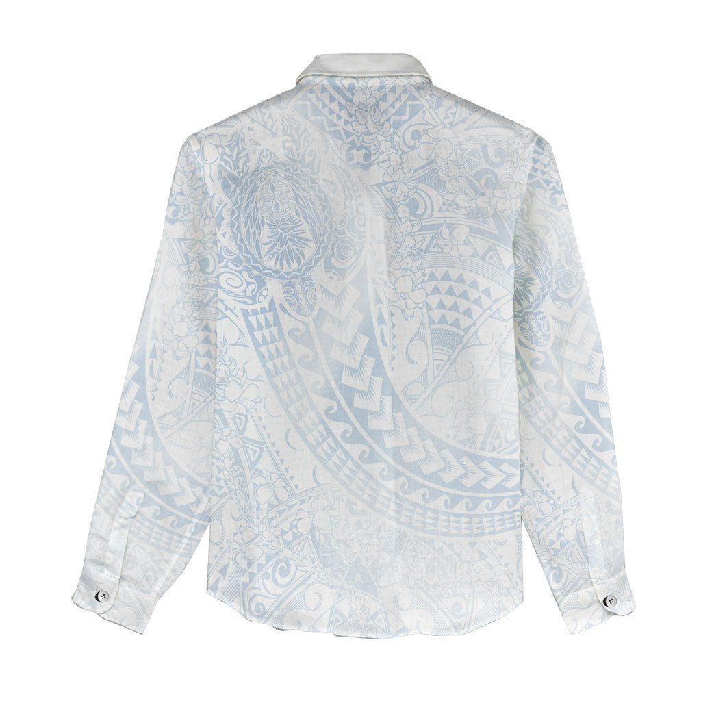 Hawaiian Turtles and Leis Women Casual Shirt Tribal Kakau Pattern Airy White Blue Cloud Vibe LT03 - Polynesian Pride