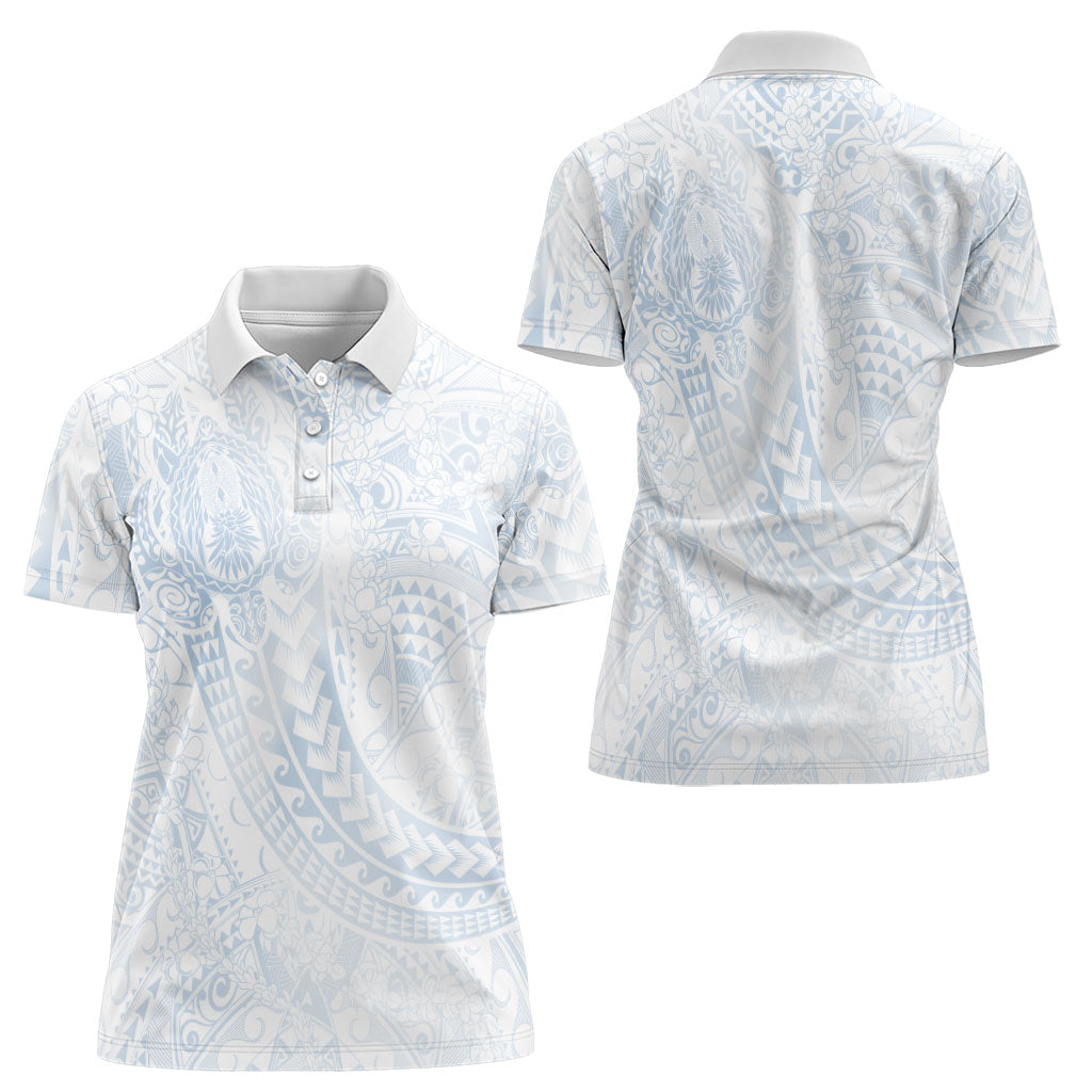 Hawaiian Turtles and Leis Women Polo Shirt Tribal Kakau Pattern Airy White Blue Cloud Vibe LT03 - Polynesian Pride