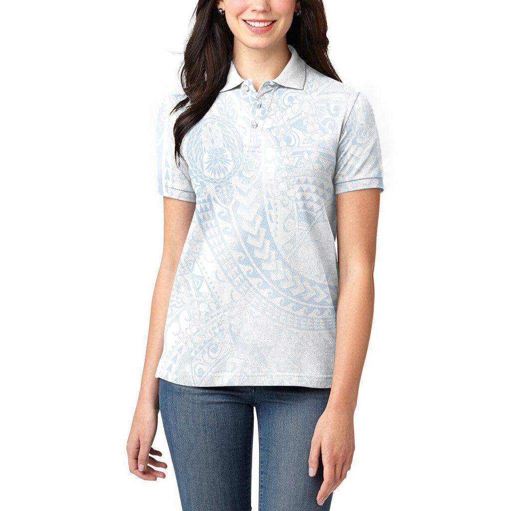 Hawaiian Turtles and Leis Women Polo Shirt Tribal Kakau Pattern Airy White Blue Cloud Vibe LT03 - Polynesian Pride