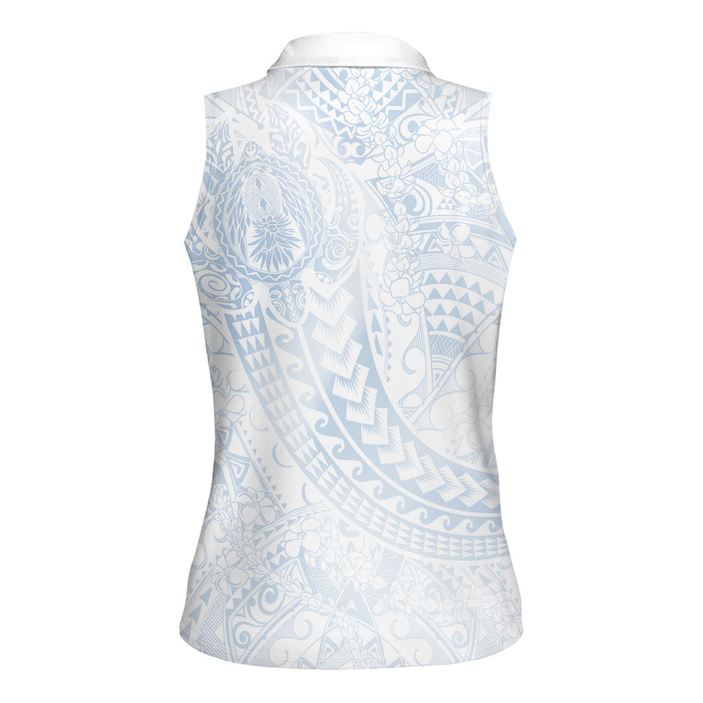 Hawaiian Turtles and Leis Women Sleeveless Polo Shirt Tribal Kakau Pattern Airy White Blue Cloud Vibe LT03 - Polynesian Pride