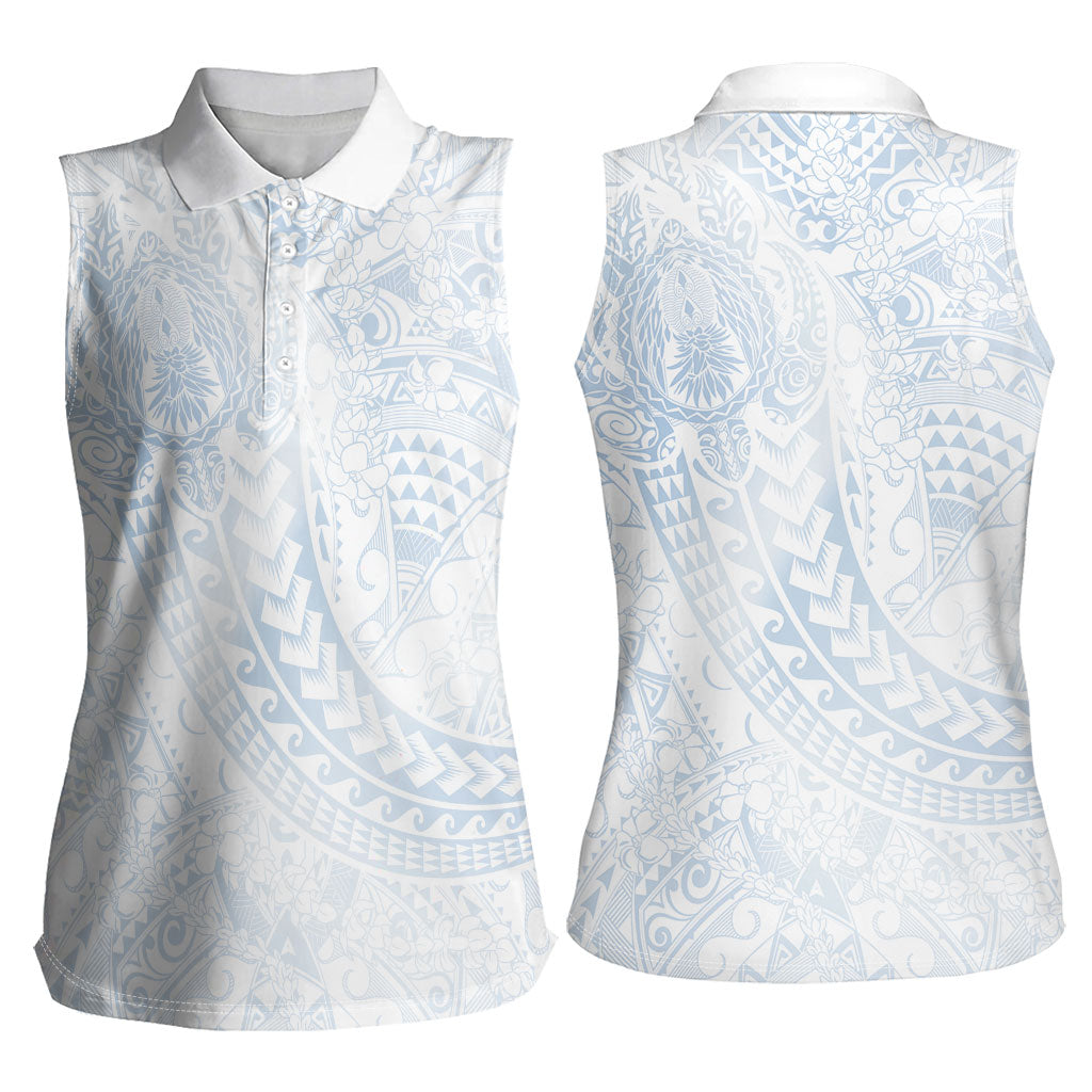 Hawaiian Turtles and Leis Women Sleeveless Polo Shirt Tribal Kakau Pattern Airy White Blue Cloud Vibe LT03 - Polynesian Pride