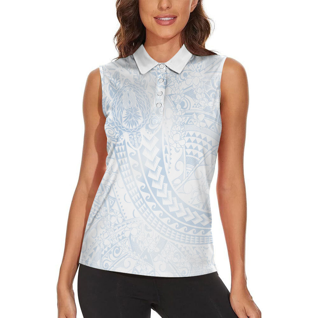 Hawaiian Turtles and Leis Women Sleeveless Polo Shirt Tribal Kakau Pattern Airy White Blue Cloud Vibe LT03 - Polynesian Pride