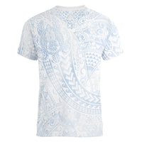 Hawaiian Turtles and Leis Women V-Neck T-Shirt Tribal Kakau Pattern Airy White Blue Cloud Vibe LT03 - Polynesian Pride