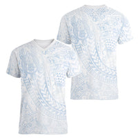 Hawaiian Turtles and Leis Women V-Neck T-Shirt Tribal Kakau Pattern Airy White Blue Cloud Vibe LT03 - Polynesian Pride