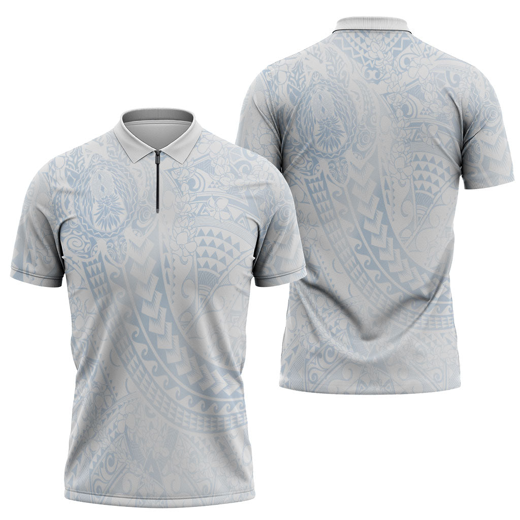 Hawaiian Turtles and Leis Zipper Polo Shirt Tribal Kakau Pattern Airy White Blue Cloud Vibe LT03 - Polynesian Pride