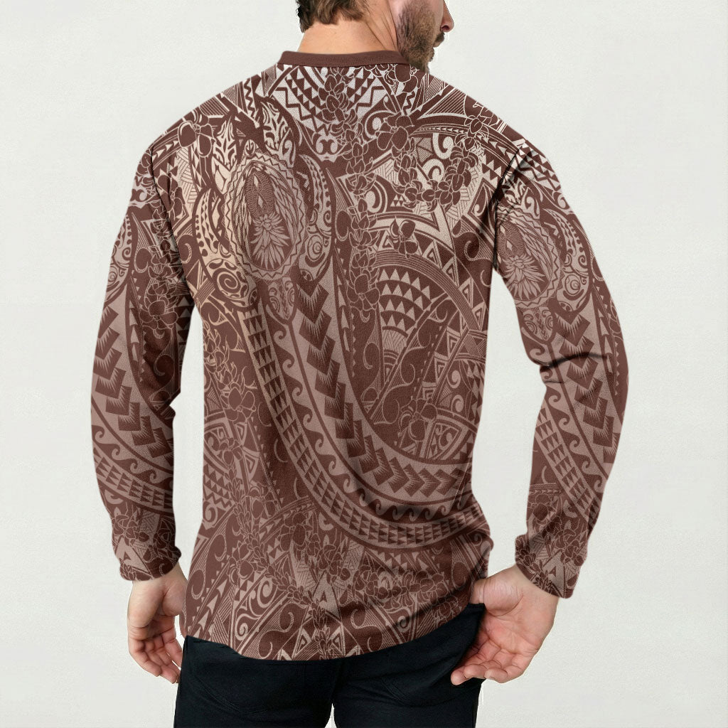 Hawaiian Turtles and Leis Button Sweatshirt Tribal Kakau Pattern Mocha Mousse Color LT03 - Polynesian Pride