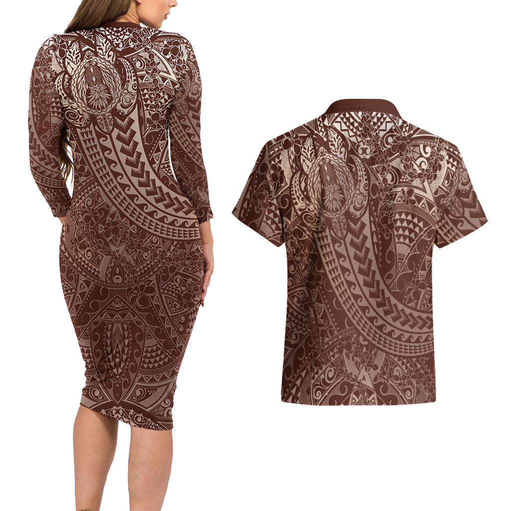 Hawaiian Turtles and Leis Couples Matching Long Sleeve Bodycon Dress and Hawaiian Shirt Tribal Kakau Pattern Mocha Mousse Color LT03 - Polynesian Pride