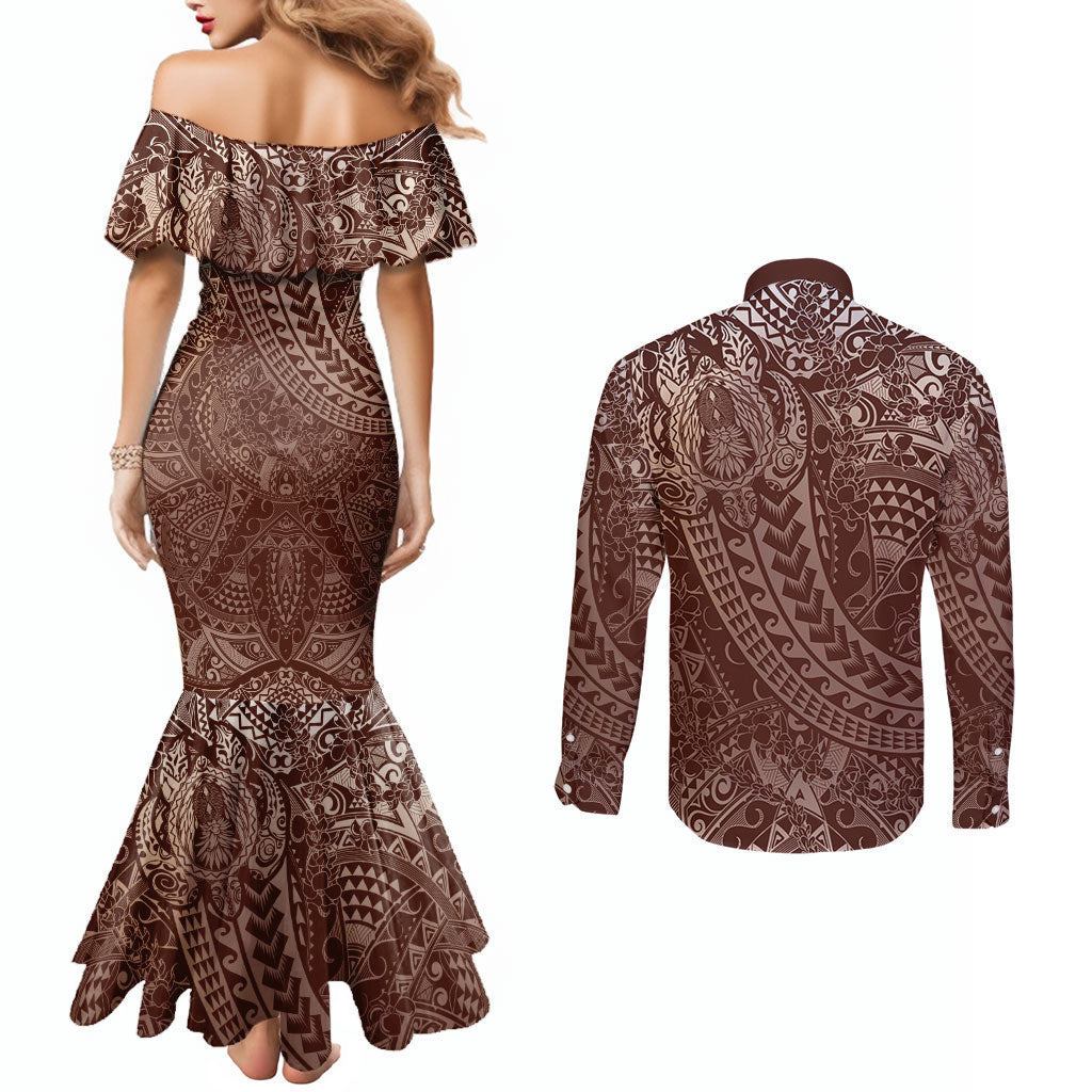 Hawaiian Turtles and Leis Couples Matching Mermaid Dress and Long Sleeve Button Shirt Tribal Kakau Pattern Mocha Mousse Color LT03 - Polynesian Pride