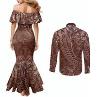 Hawaiian Turtles and Leis Couples Matching Mermaid Dress and Long Sleeve Button Shirt Tribal Kakau Pattern Mocha Mousse Color LT03 - Polynesian Pride