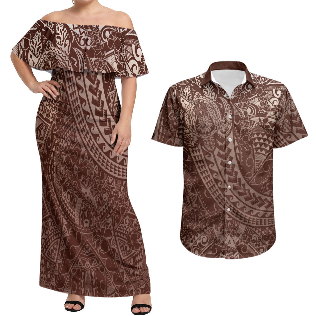 Hawaiian Turtles and Leis Couples Matching Off Shoulder Maxi Dress and Hawaiian Shirt Tribal Kakau Pattern Mocha Mousse Color LT03 Mocha Mousse - Polynesian Pride