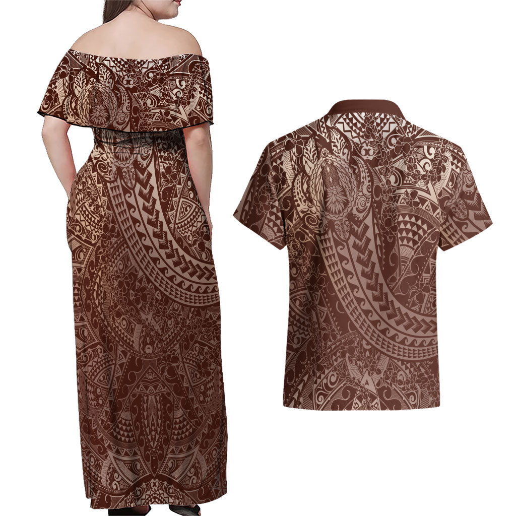 Hawaiian Turtles and Leis Couples Matching Off Shoulder Maxi Dress and Hawaiian Shirt Tribal Kakau Pattern Mocha Mousse Color LT03 - Polynesian Pride