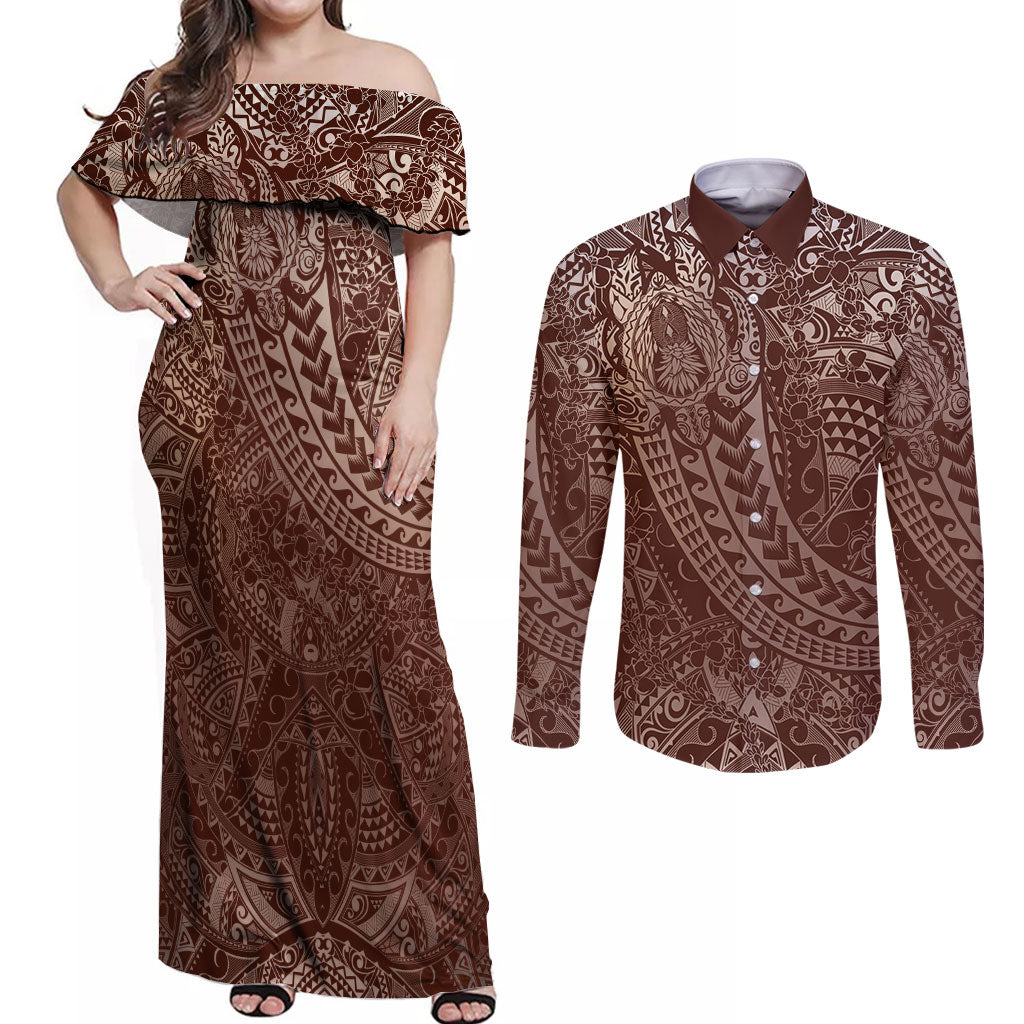 Hawaiian Turtles and Leis Couples Matching Off Shoulder Maxi Dress and Long Sleeve Button Shirt Tribal Kakau Pattern Mocha Mousse Color LT03 Mocha Mousse - Polynesian Pride