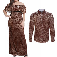 Hawaiian Turtles and Leis Couples Matching Off Shoulder Maxi Dress and Long Sleeve Button Shirt Tribal Kakau Pattern Mocha Mousse Color LT03 Mocha Mousse - Polynesian Pride