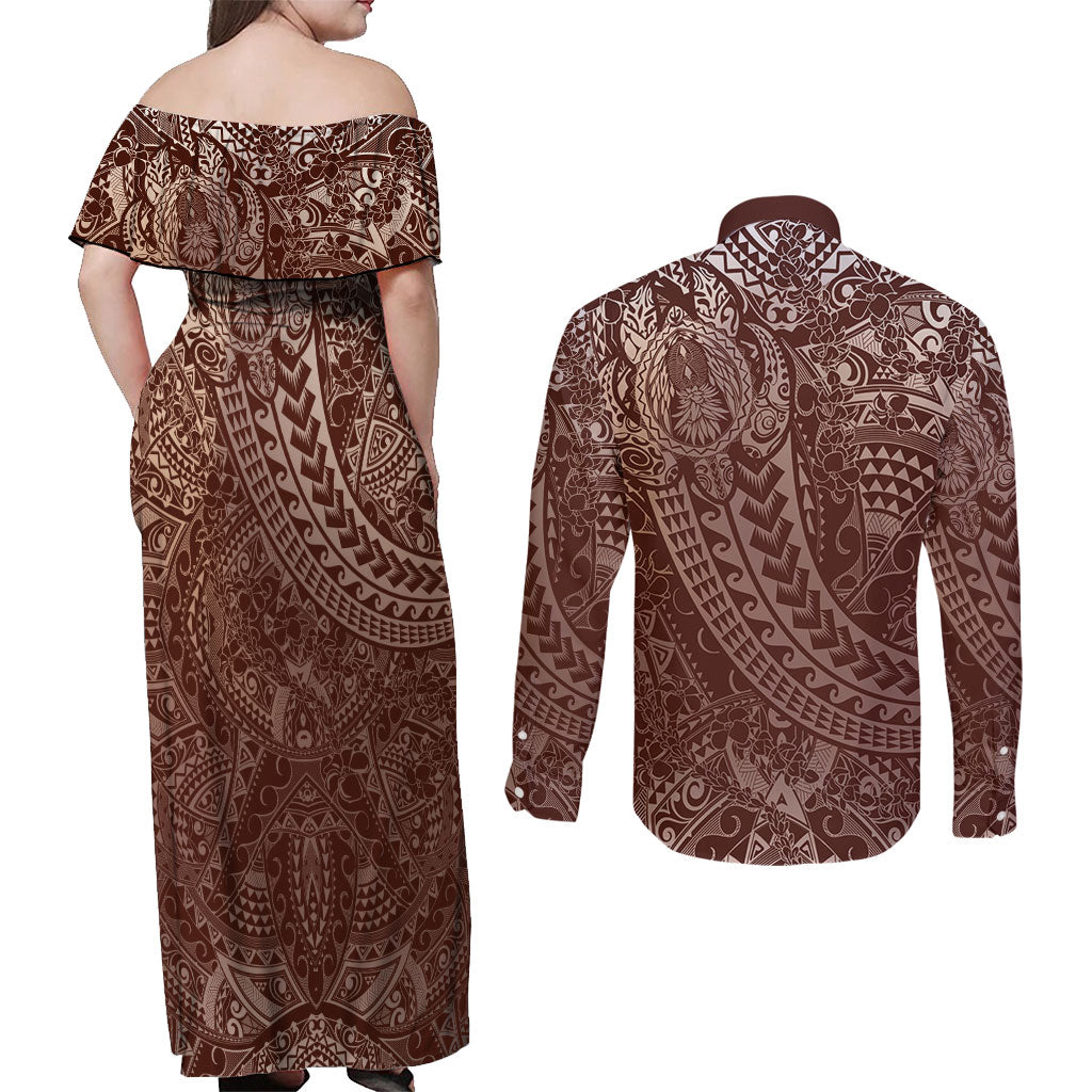 Hawaiian Turtles and Leis Couples Matching Off Shoulder Maxi Dress and Long Sleeve Button Shirt Tribal Kakau Pattern Mocha Mousse Color LT03 - Polynesian Pride