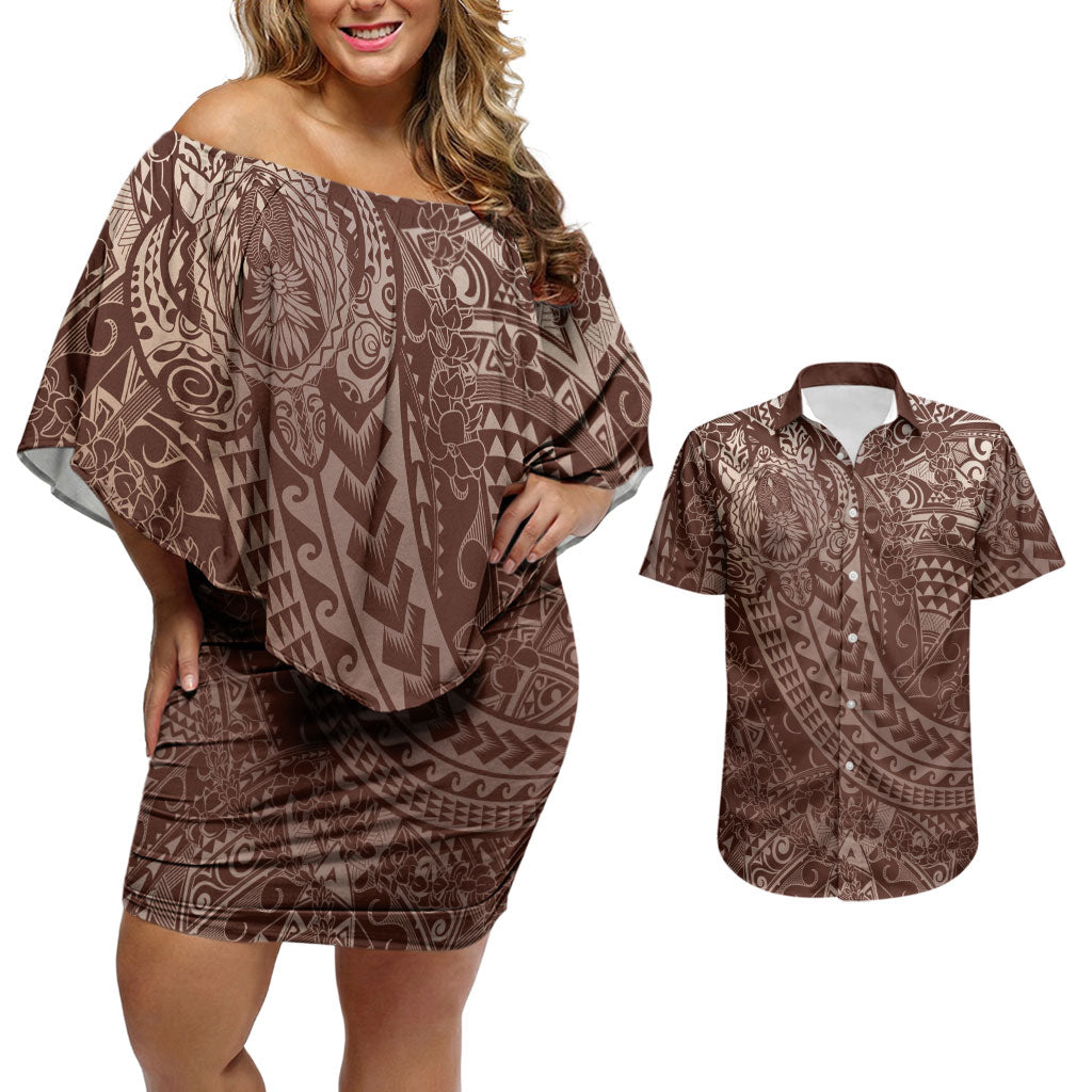 Hawaiian Turtles and Leis Couples Matching Off Shoulder Short Dress and Hawaiian Shirt Tribal Kakau Pattern Mocha Mousse Color LT03 Mocha Mousse - Polynesian Pride