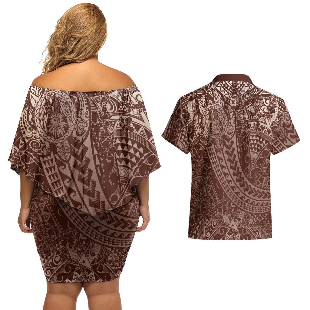 Hawaiian Turtles and Leis Couples Matching Off Shoulder Short Dress and Hawaiian Shirt Tribal Kakau Pattern Mocha Mousse Color LT03 - Polynesian Pride