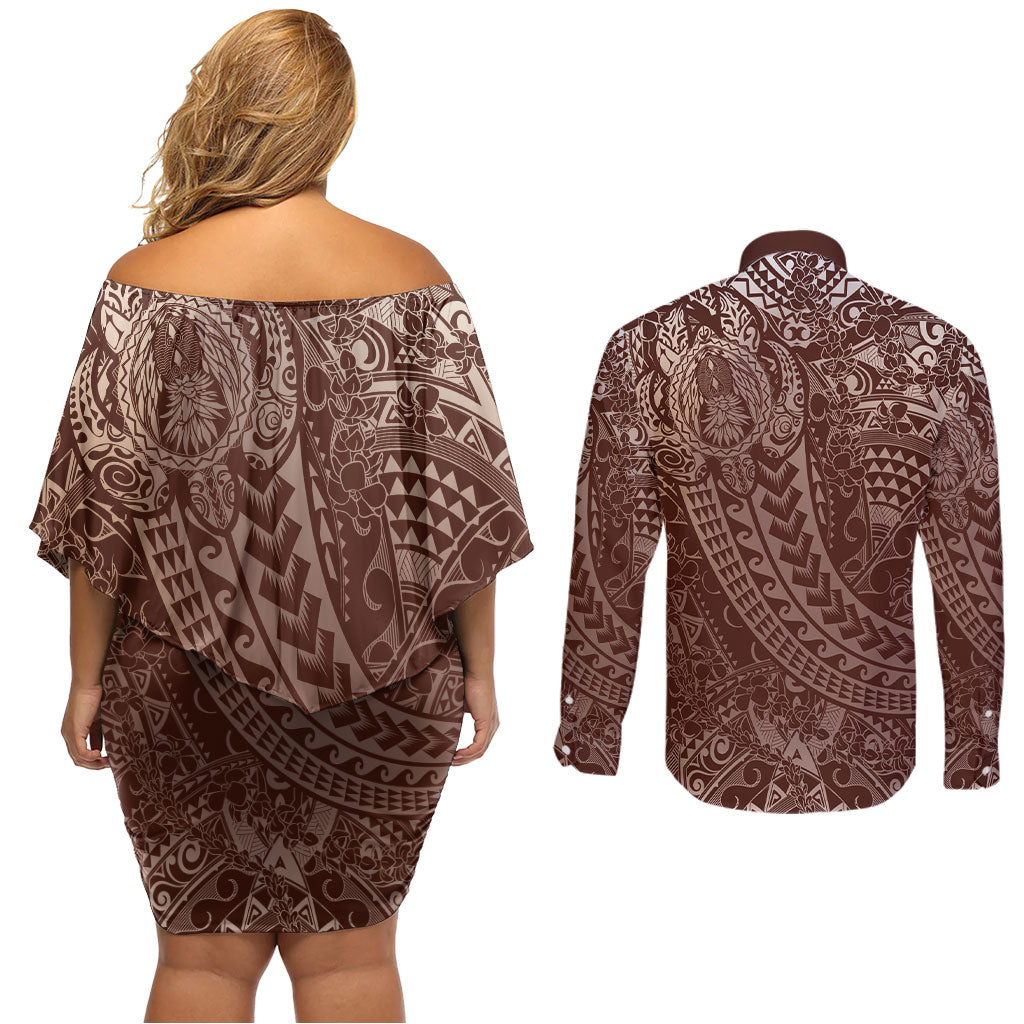 Hawaiian Turtles and Leis Couples Matching Off Shoulder Short Dress and Long Sleeve Button Shirt Tribal Kakau Pattern Mocha Mousse Color LT03 - Polynesian Pride