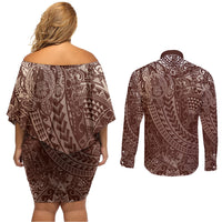 Hawaiian Turtles and Leis Couples Matching Off Shoulder Short Dress and Long Sleeve Button Shirt Tribal Kakau Pattern Mocha Mousse Color LT03 - Polynesian Pride