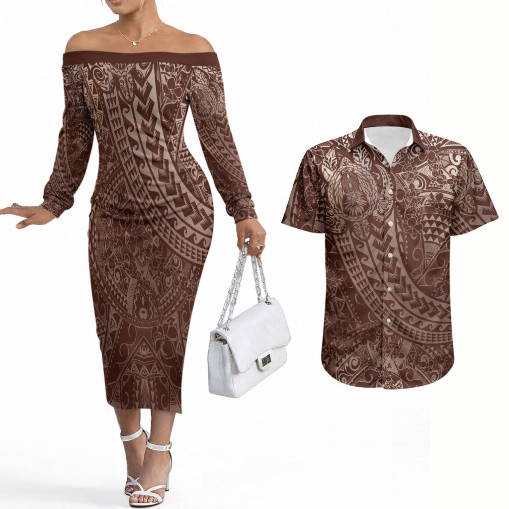 Hawaiian Turtles and Leis Couples Matching Off The Shoulder Long Sleeve Dress and Hawaiian Shirt Tribal Kakau Pattern Mocha Mousse Color LT03 Mocha Mousse - Polynesian Pride
