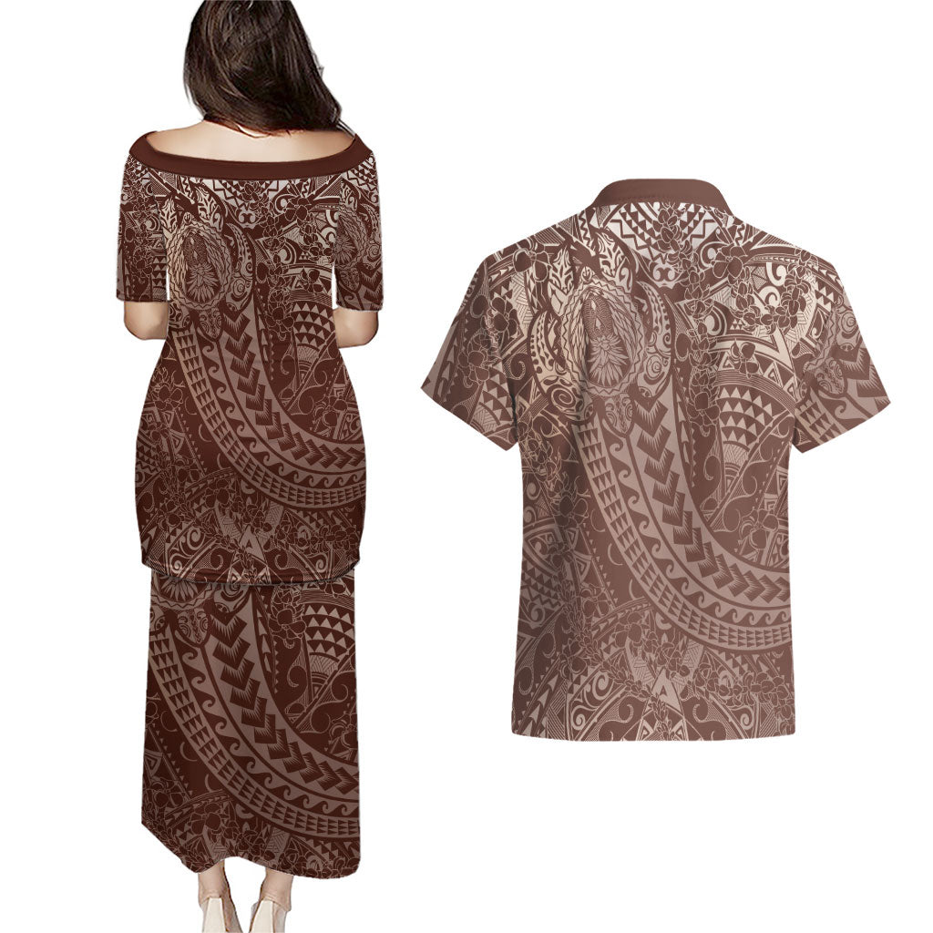 Hawaiian Turtles and Leis Couples Matching Puletasi and Hawaiian Shirt Tribal Kakau Pattern Mocha Mousse Color LT03 - Polynesian Pride
