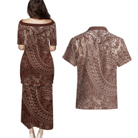 Hawaiian Turtles and Leis Couples Matching Puletasi and Hawaiian Shirt Tribal Kakau Pattern Mocha Mousse Color LT03 - Polynesian Pride