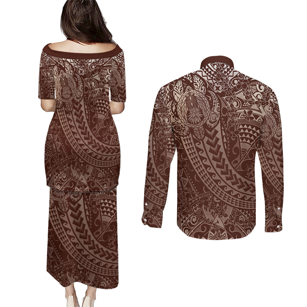 Hawaiian Turtles and Leis Couples Matching Puletasi and Long Sleeve Button Shirt Tribal Kakau Pattern Mocha Mousse Color LT03 - Polynesian Pride