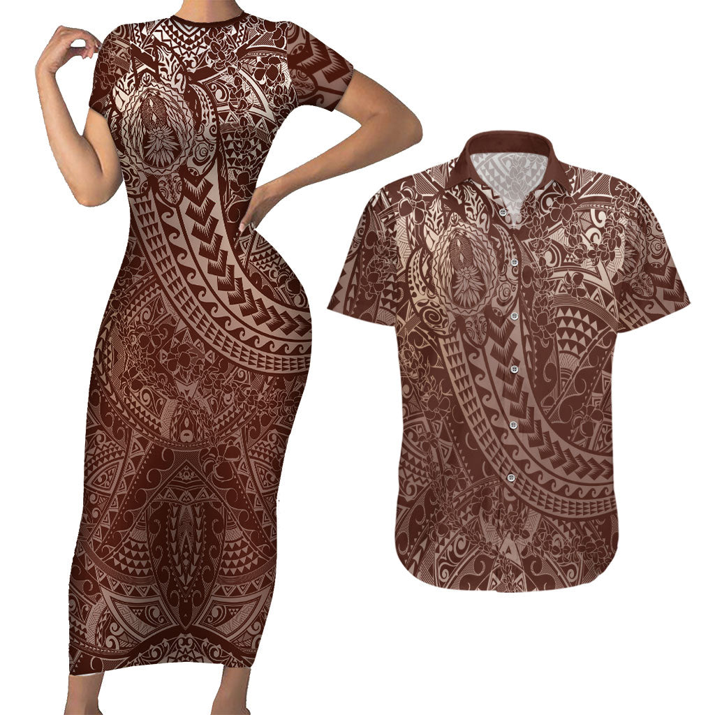 Hawaiian Turtles and Leis Couples Matching Short Sleeve Bodycon Dress and Hawaiian Shirt Tribal Kakau Pattern Mocha Mousse Color LT03 Mocha Mousse - Polynesian Pride