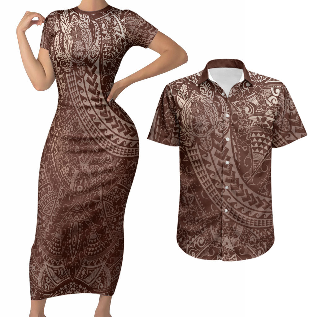 Hawaiian Turtles and Leis Couples Matching Short Sleeve Bodycon Dress and Hawaiian Shirt Tribal Kakau Pattern Mocha Mousse Color LT03 Mocha Mousse - Polynesian Pride